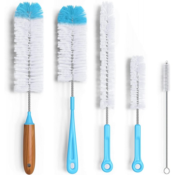 Bottle Brush Cleaner 5 Pack - Long Water Bottle and Straw Cleaning Brush - Kitchen Wire Scrub Set for Washing, Wine Decanter, Baby, Kombucha, Pipes, Hydro Flask Tumbler, Sinks, Beer Brewing Supplies
