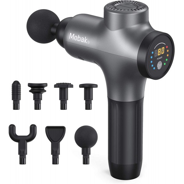 Massager Gun Deep Tissue Percussion Muscle Massage for Pain Relief, Super Quiet Portable Neck Back Body Relaxation Electric Drill Sport Massager Brushless Motor with 7 Attachment 5 Speeds Mebak3